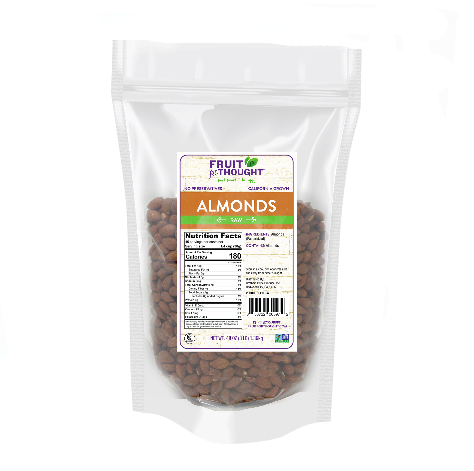 Bag of almonds with a visible label on a white background