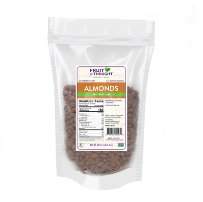 Bag of almonds with a visible label on a white background