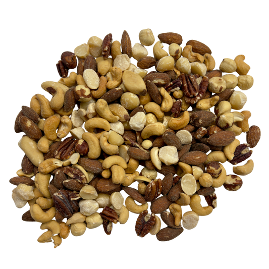 Assorted nuts including almonds, cashews, and brazil nuts on a white background