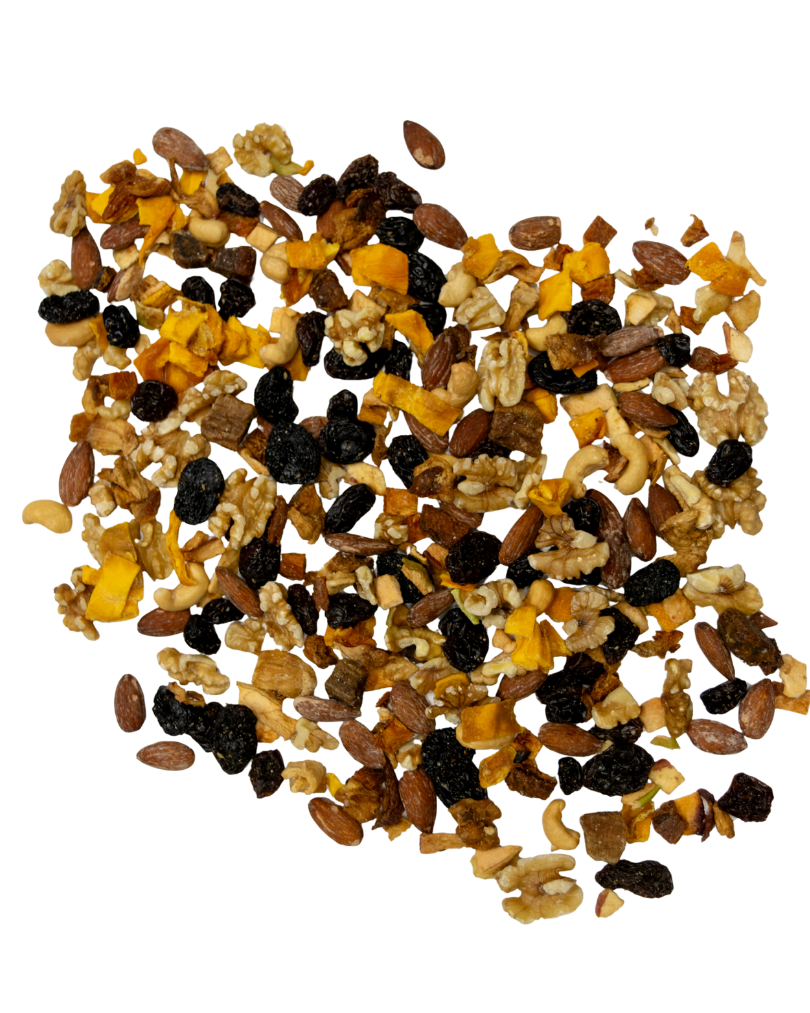 Assortment of dried fruits and nuts laid out on a white backdrop