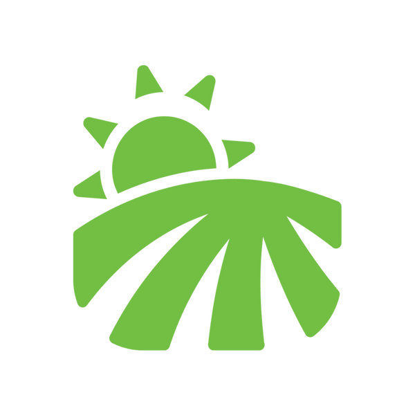 Green logo with sun and grass field design on a white background