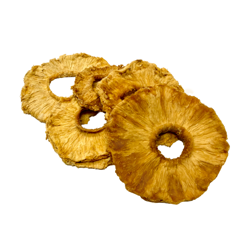 Dried pineapple rings on a white background