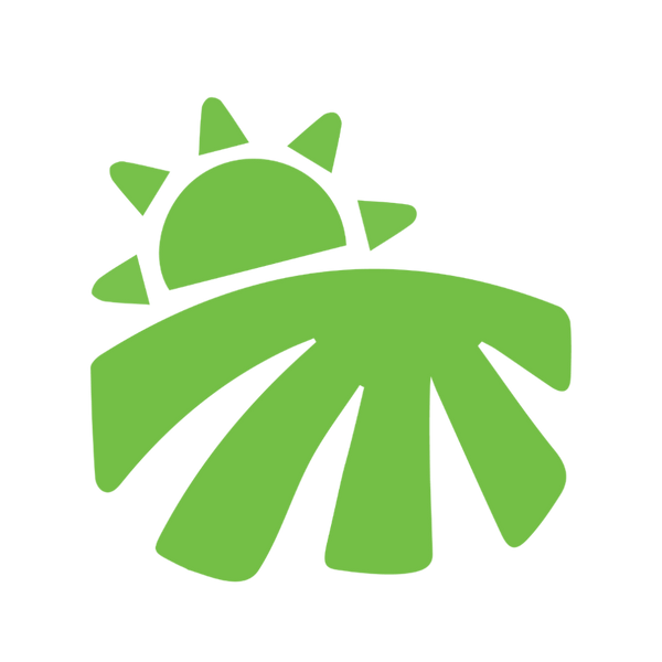 A green icon of a sun rising over a field.