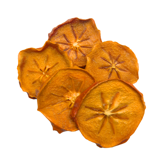 Dried hachiya persimmon slices on a white background