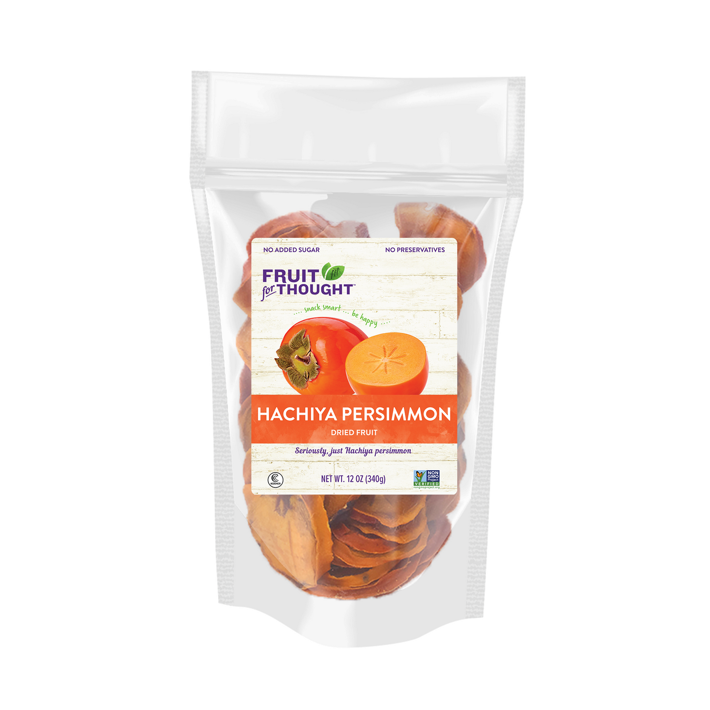 A resealable stand-up plastic bag containing dried Hachiya persimmon slices. The label shows the brand 'FRUIT OF THOUGHT', the product name 'HACHIYA PERSIMMON', and additional product details.